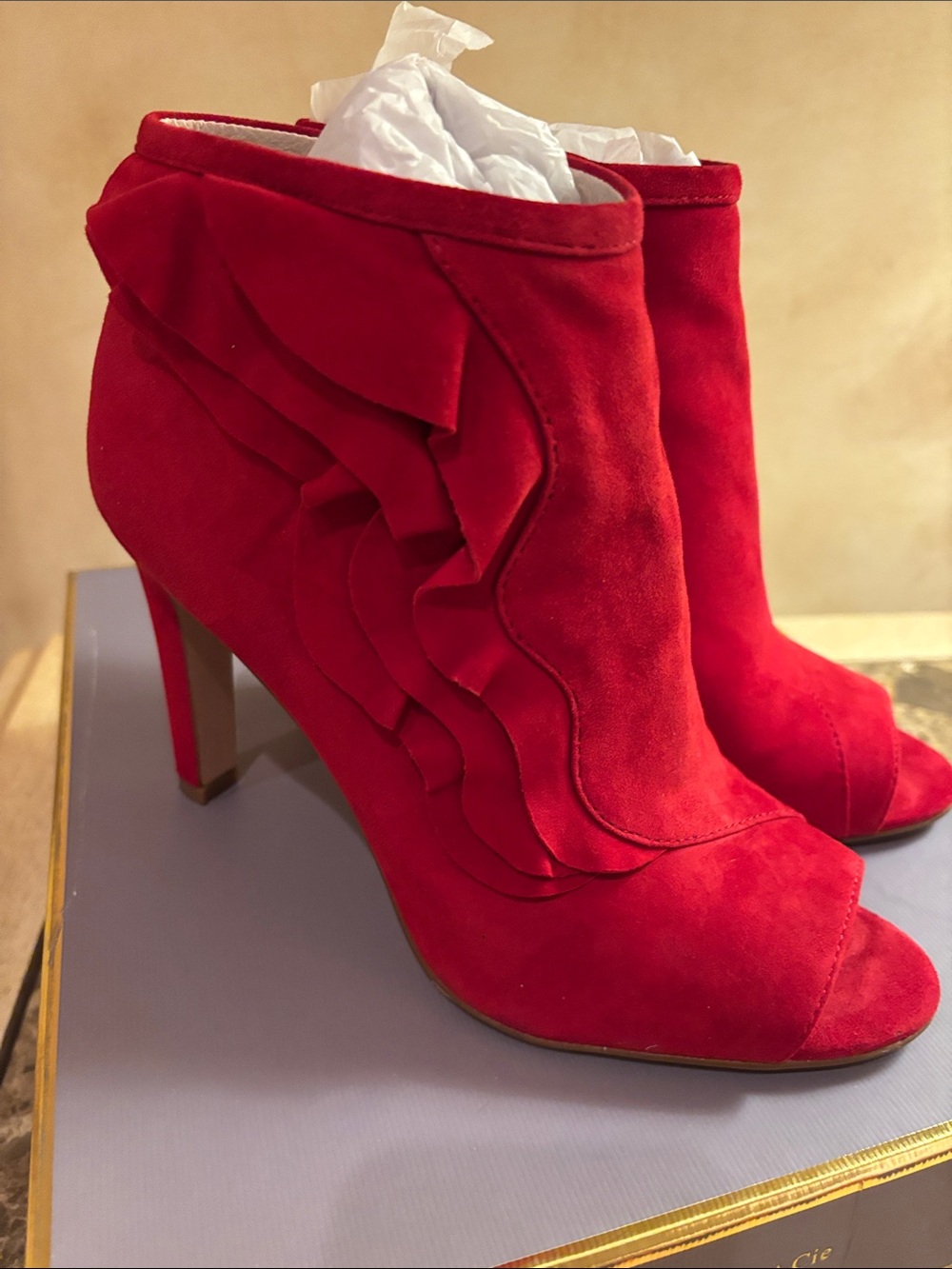Louise et Cie Red Suede Ruffle Peep-Toe Ankle Booties